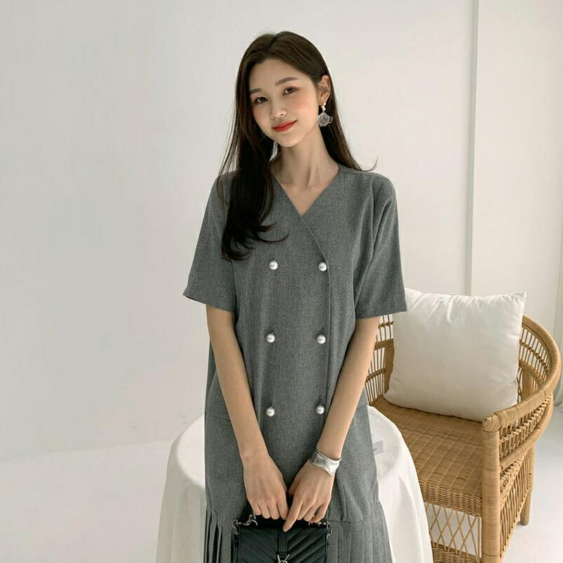 ダブルパールボタンワンピース・全4色・t58441 レディース 【ops】【ワンピース ロング ロングワンピース Vネック ダブ