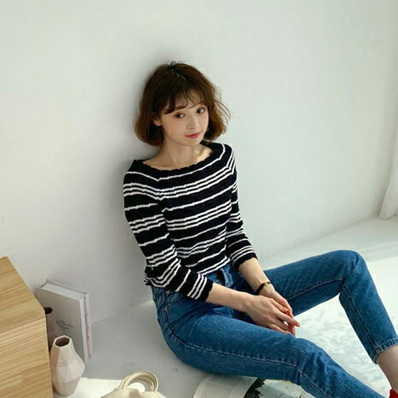 2TYPEツイストニット・全3色・b58432 レディース 【tops】【トップス ニット ラウンドネック 7分袖 無地 ボーダ