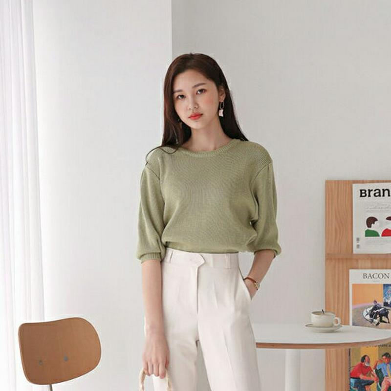パステルパフニット・全3色・t58431 レディース 【tops】【トップス ニット ラウンドネック 半袖 5分袖 パフスリーブ