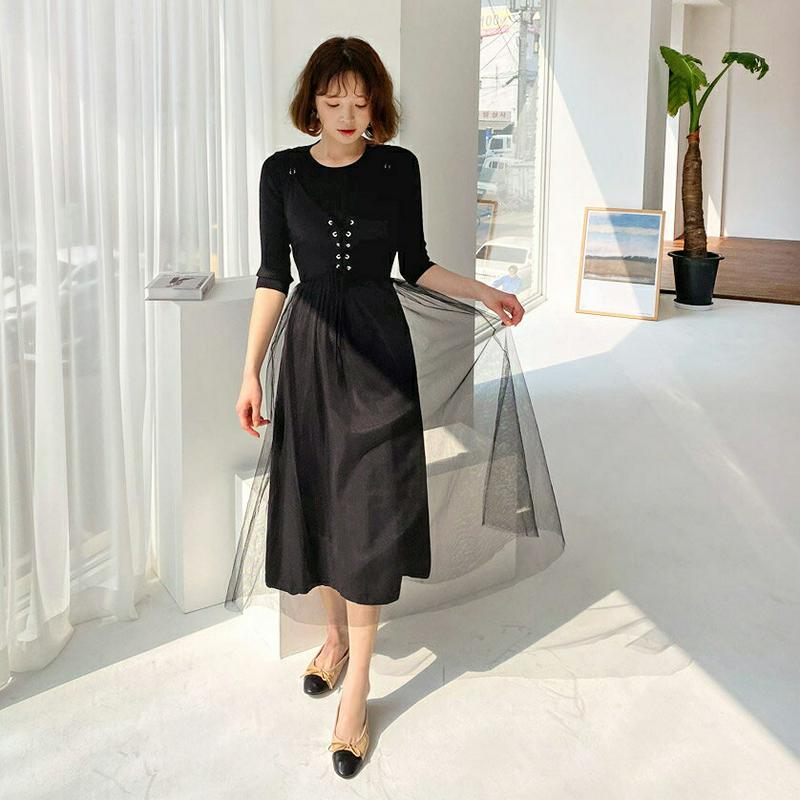 ニット&チュールワンピースSET・全2色・e58422 レディース 【ops】【セットアップ トップス ニット 半袖 スリム タ