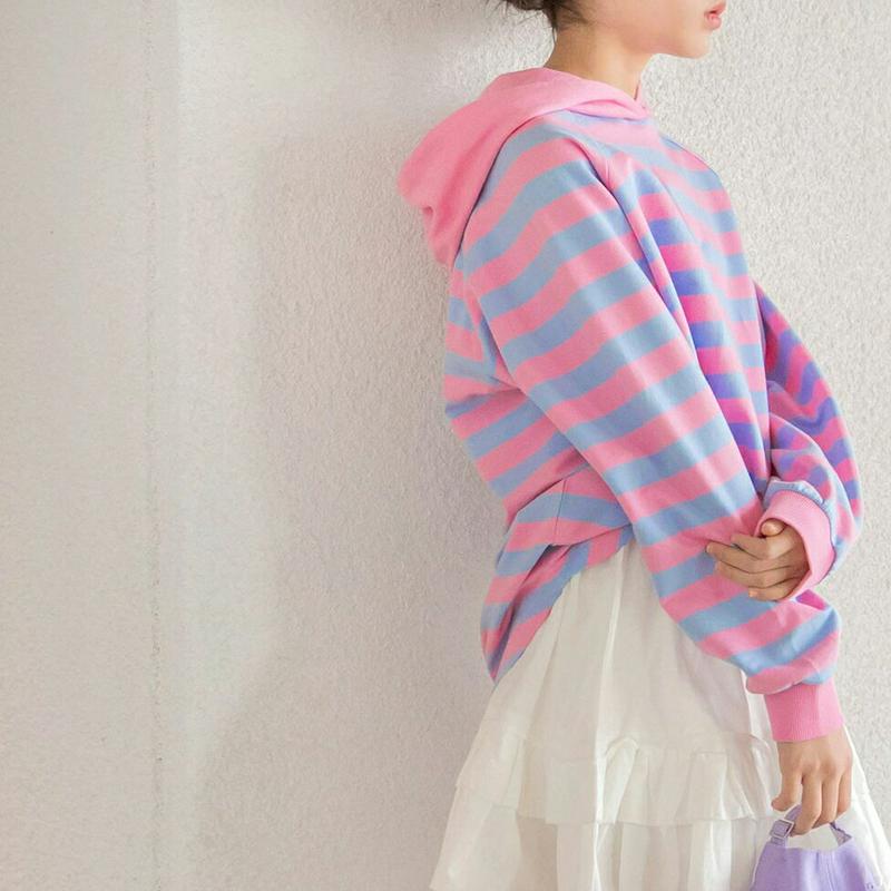 ボーダーフードTシャツ・p000164 【tops】【トップス Tシャツ フード フーディー ボーダー 柄 カジュアル 長袖 ラ