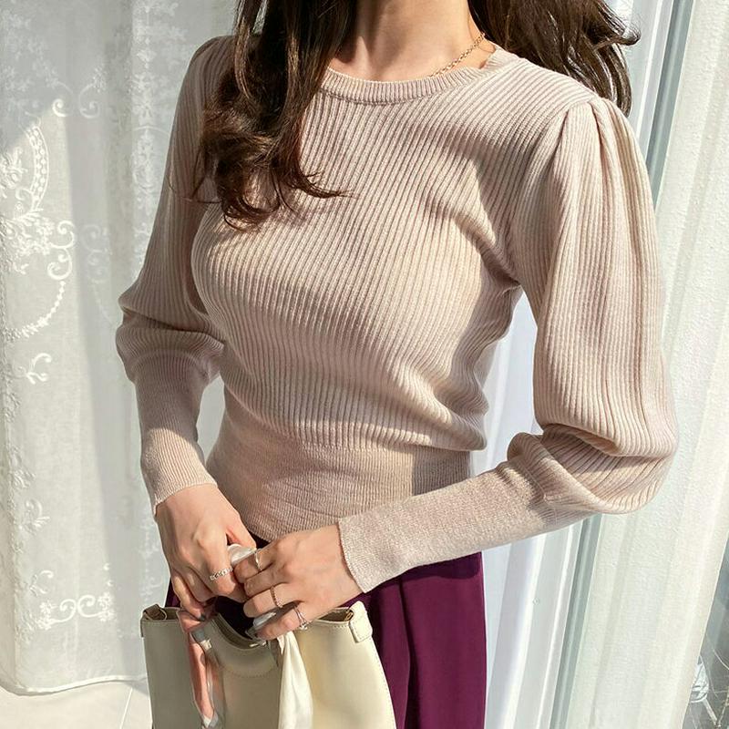 パフスリーブリブニット・全5色・t61472 レディース【tops】【トップス ニット ニットトップス リブニット リブトップス