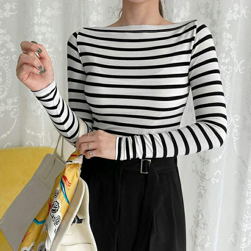 ボーダーボートネックTシャツ・全5色・b61464 レディース【tops】【トップス Tシャツ 長袖 ボーダー 柄 ロンT ボー