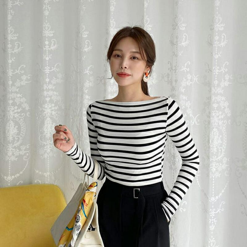 ボーダーボートネックTシャツ・全5色・b61464 レディース【tops】【トップス Tシャツ 長袖 ボーダー 柄 ロンT ボー