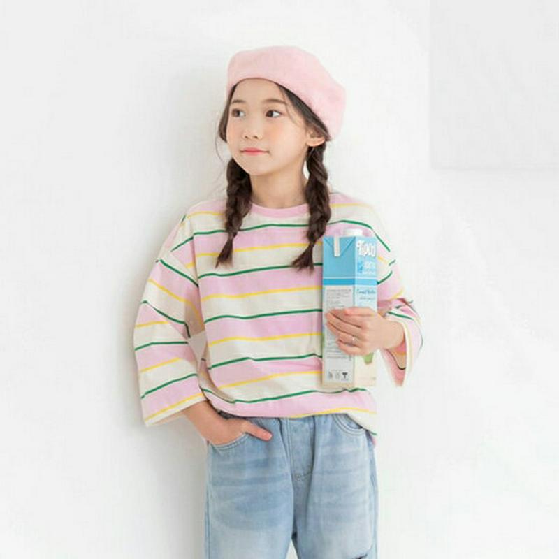 カラフルボーダーTシャツ・p000036 キッズ【3~8才】【tops】【トップス Tシャツ 七分丈 七分袖 7分袖 7分丈 ボ