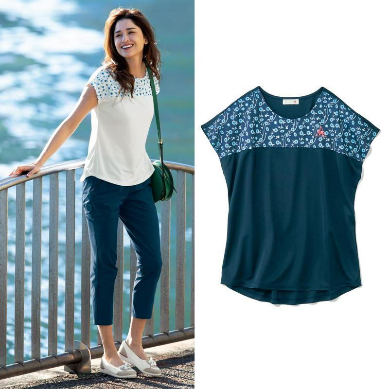 花柄切替えが女性らしい◎フレンチスリーブＵＶケアＴシャツ【吸汗速乾・ＵＶケア】（ルコックスポルティフ/le coq sporti