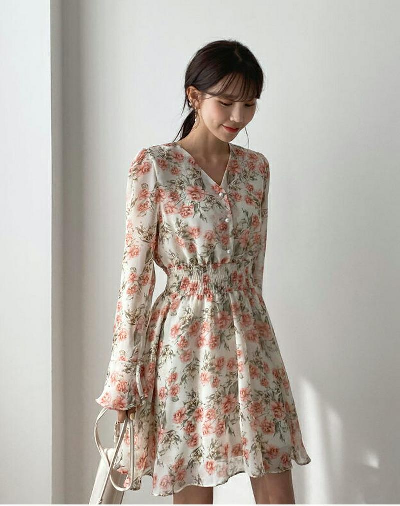 シャーリング花柄ミニワンピース・全3色・b55184 レディース 【ops】【ワンピース ミニ丈 ミニ ショート 長袖 Vネック