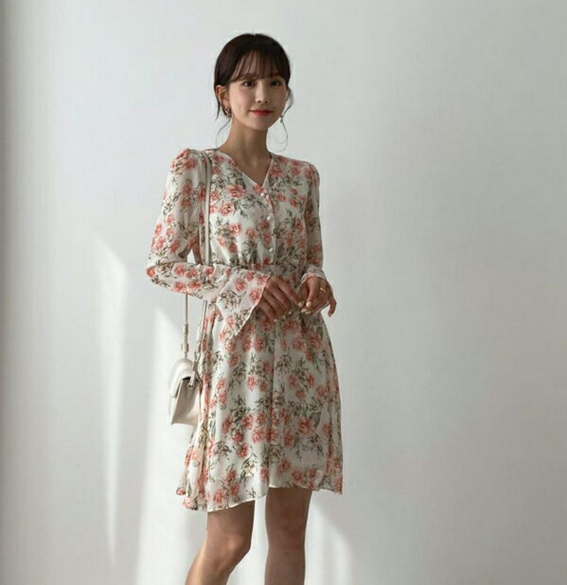 シャーリング花柄ミニワンピース・全3色・b55184 レディース 【ops】【ワンピース ミニ丈 ミニ ショート 長袖 Vネック