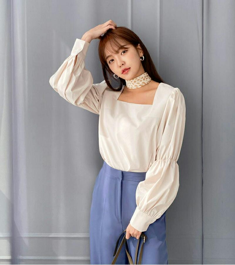 スクエアパフブラウス・全3色・t55181 レディース 【bl】【トップス ブラウス Tシャツ パフスリーブ スクエアネック 長