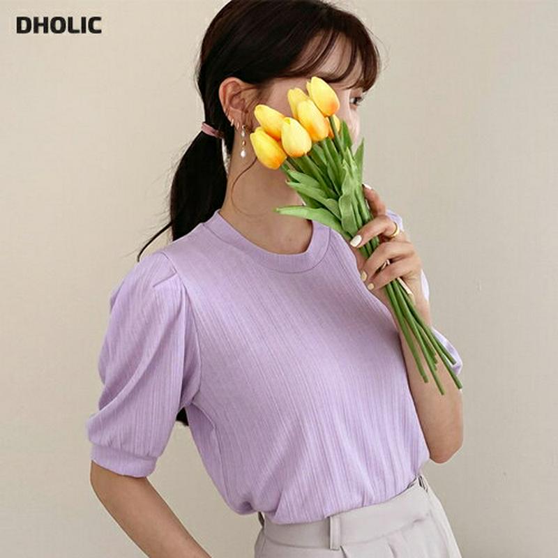 パフスリーブリブTシャツ・全3色・t55168 レディース 【tops】【トップス Tシャツ 半袖 パフスリーブ カジュアル 無