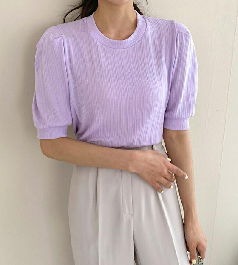 パフスリーブリブTシャツ・全3色・t55168 レディース 【tops】【トップス Tシャツ 半袖 パフスリーブ カジュアル 無