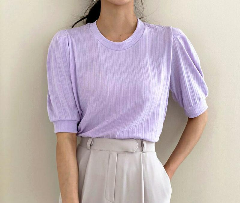 パフスリーブリブTシャツ・全3色・t55168 レディース 【tops】【トップス Tシャツ 半袖 パフスリーブ カジュアル 無