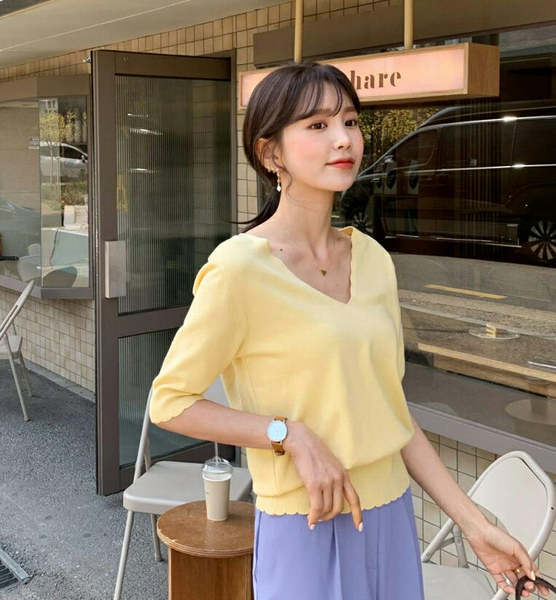 ウェーブVネックニット・全4色・t55170 レディース 【tops】【トップス Tシャツ ニット 薄手 Vネック 半袖 ウェー