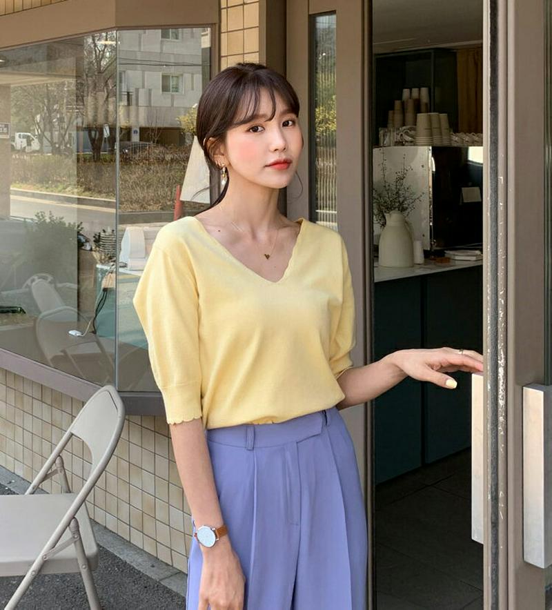 ウェーブVネックニット・全4色・t55170 レディース 【tops】【トップス Tシャツ ニット 薄手 Vネック 半袖 ウェー