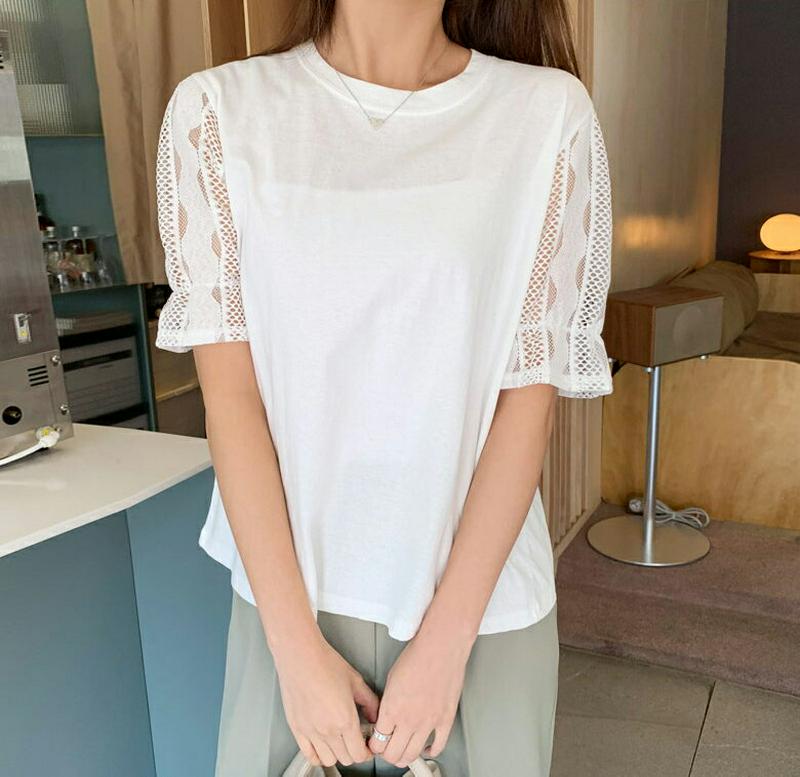 レースハーフスリーブTシャツ・全2色・b55169 レディース 【tops】【トップス Tシャツ 半袖 シースルー レース パフ