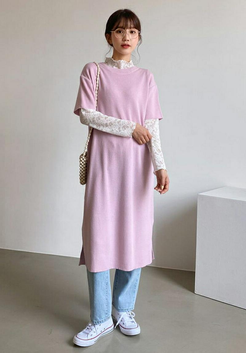 ニットショートスリーブワンピース・全5色・t55185 レディース 【ops】【ワンピース ミディ丈 ミディ ひざ下 ニット 半