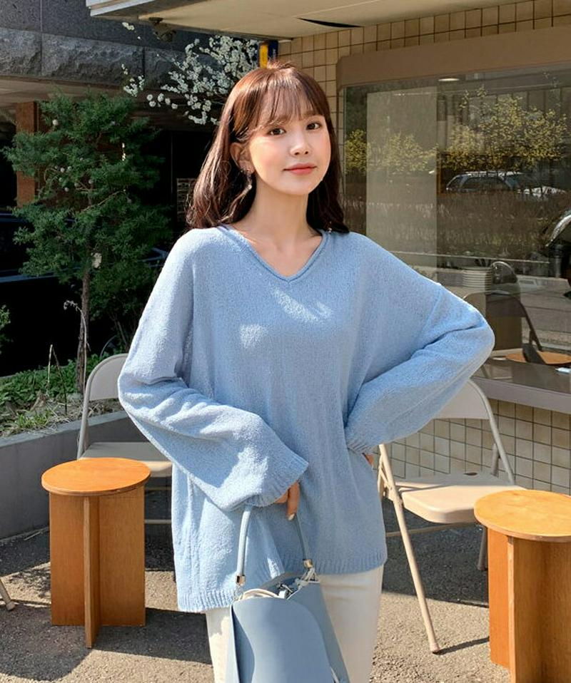 ロールVネックシアーニット・全4色・t55180 レディース 【tops】【トップス ニット 長袖 Vネック ゆったり 大きい 