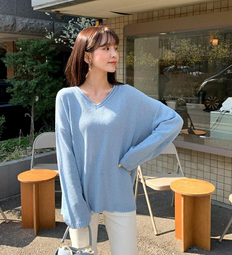 ロールVネックシアーニット・全4色・t55180 レディース 【tops】【トップス ニット 長袖 Vネック ゆったり 大きい 