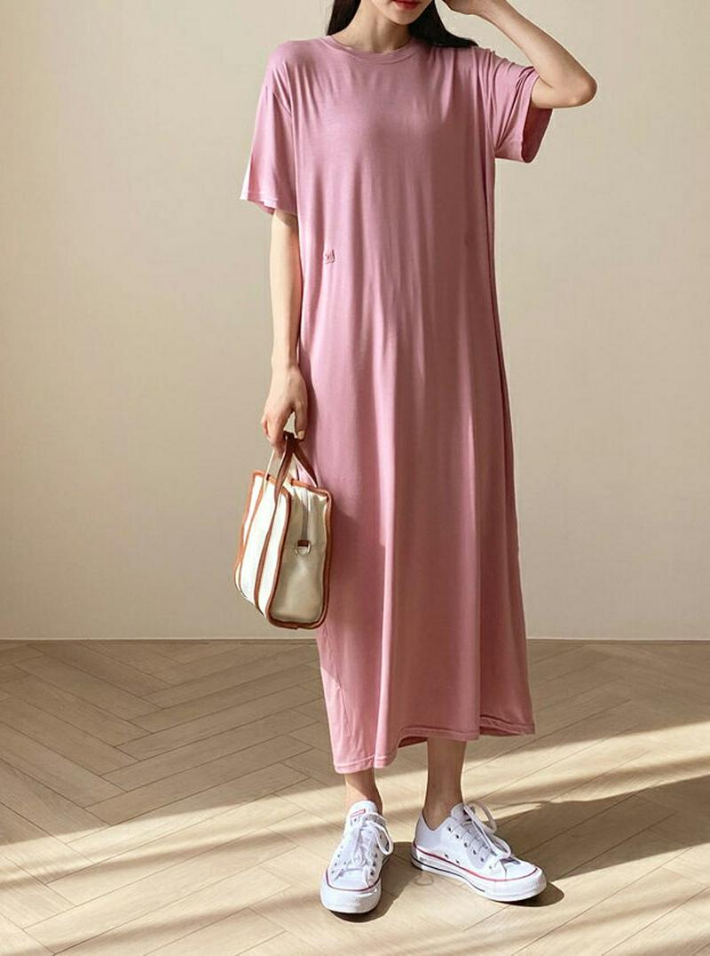 サイドボタンワンピース・全3色・t55186 レディース 【ops】【ワンピース ロング丈 ロング 半袖 ツイスト ボタン 無地