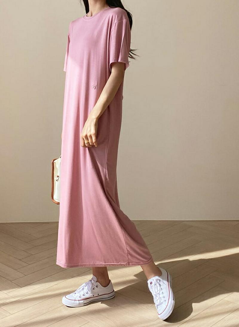 サイドボタンワンピース・全3色・t55186 レディース 【ops】【ワンピース ロング丈 ロング 半袖 ツイスト ボタン 無地