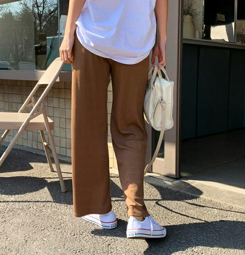 ロングリブパンツ・全3色・b55196 レディース 【pt】【パンツ ズボン ストレート ワイド ロング リブ ウエストゴム 無