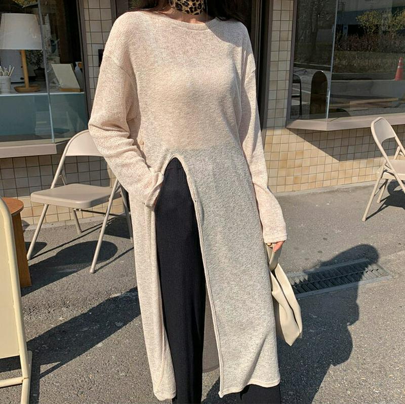 シアースリットロング二ット・全2色・t55205 レディース 【tops】【トップス ニット Tシャツ 長袖 スリット ロング 