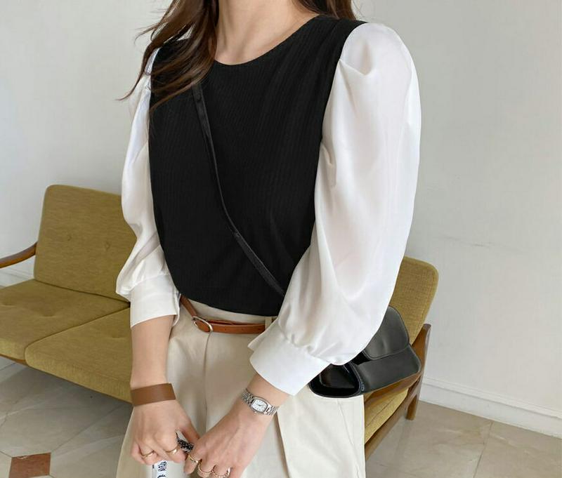 コントラストパフTシャツ・全2色・b61541 レディース【tops】【トップス Tシャツ 長袖 コントラスト パフスリーブ パ