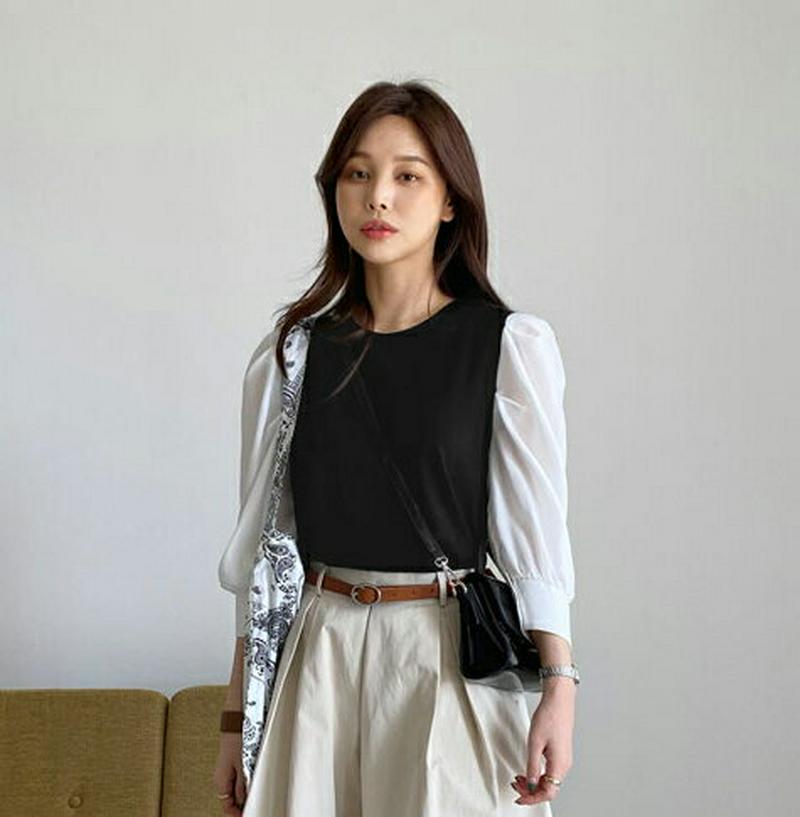 コントラストパフTシャツ・全2色・b61541 レディース【tops】【トップス Tシャツ 長袖 コントラスト パフスリーブ パ
