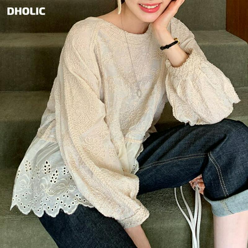 ≪人気商品再入荷≫刺繍アイレットレースブラウス・全1色・t61529 レディース【bl】【トップス ブラウス 長袖 レース 総レース レースブラウス アイレット 刺繍 フェミニン ガーリー 大人 ラグラン フレア フレアトップス 上品 春 秋】【ハイホリHIHOLLI】