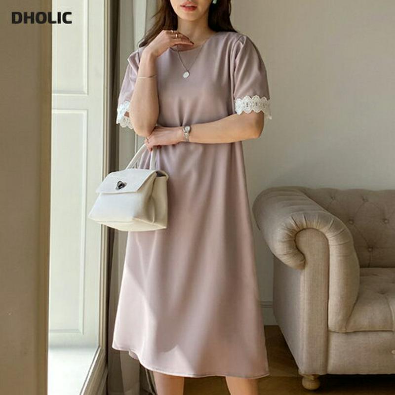 レース配色スリーブワンピース・全2色・b61550 レディース【ops】【ワンピース ミディ丈 ミディワンピース 半袖 レース 