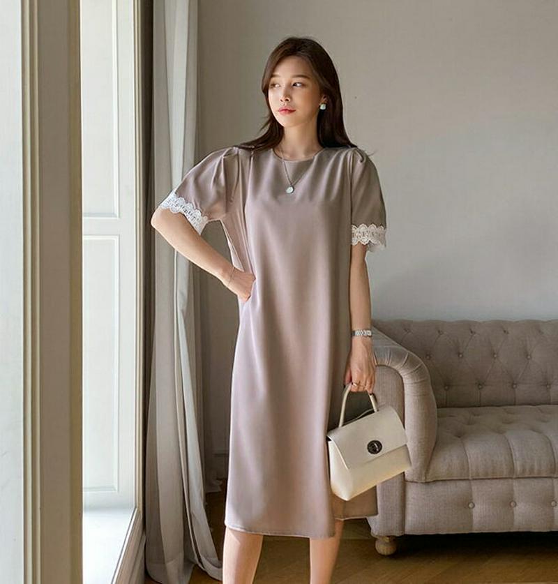 レース配色スリーブワンピース・全2色・b61550 レディース【ops】【ワンピース ミディ丈 ミディワンピース 半袖 レース 