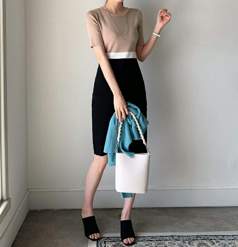 配色スリムニットワンピース・全4色・b61546 レディース【ops】【ワンピース ミディ丈 ミディワンピース 配色 半袖 ニッ