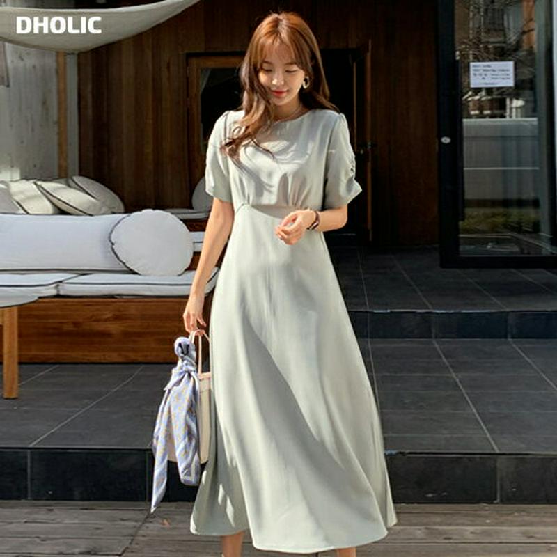 ≪人気商品再入荷≫ギャザーパフワンピース・全3色・t55654 レディース 【ops】 韓国ファッション ワンピース ロング丈 フレア 半袖 パフスリーブ カラーアイテム ギャザー リボン ストラップ 無地 カジュアル 大人 グリーン 緑 春 夏 秋 春