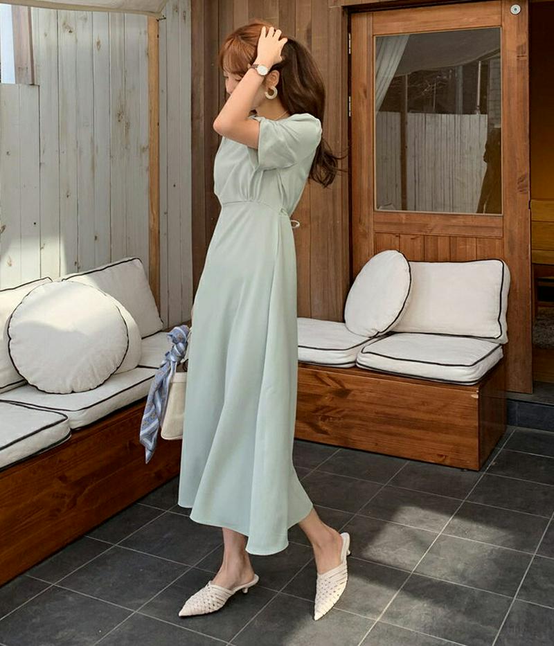 ≪人気商品再入荷≫ギャザーパフワンピース・全3色・t55654 レディース 【ops】 韓国ファッション ワンピース ロング丈 フレア 半袖 パフスリーブ カラーアイテム ギャザー リボン ストラップ 無地 カジュアル 大人 グリーン 緑 春 夏 秋 春