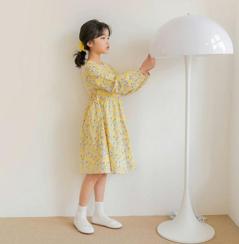 バルーンスリーブパターンワンピース・p000391 キッズ【9~17才】【ops】【ワンピース ミディ丈 ミディワンピース 花柄