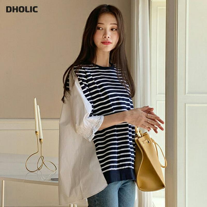 ボーダー配色Tシャツ・全2色・b61543 レディース【tops】【トップス Tシャツ ボーダー 柄 ドッキング 異素材ミックス