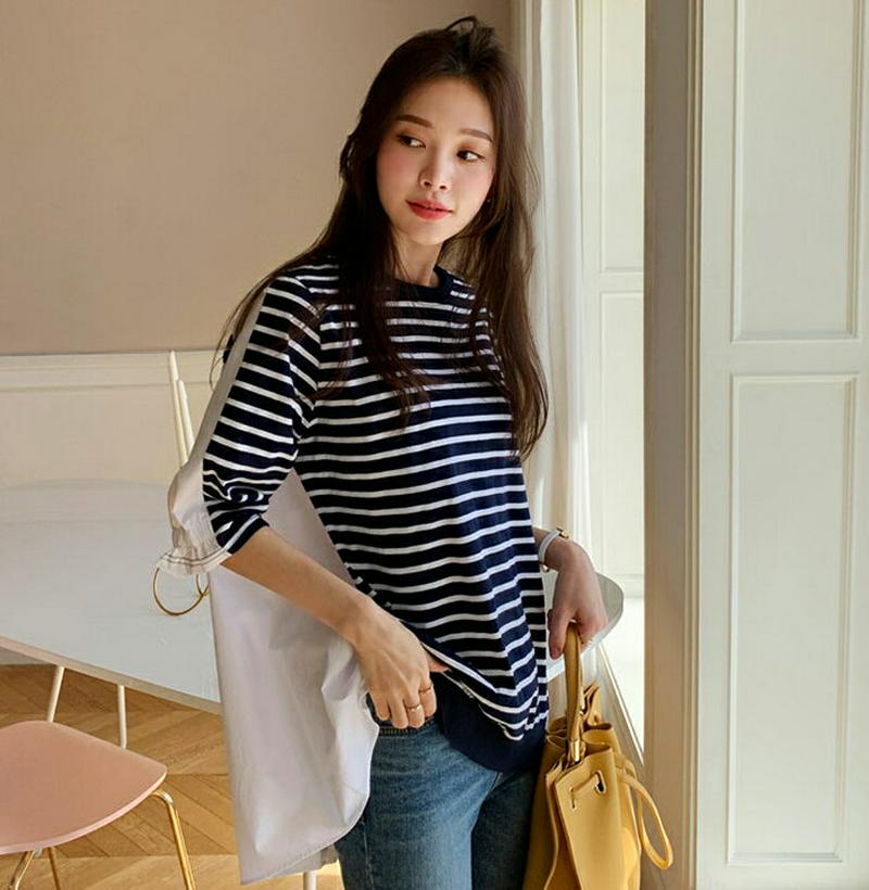 ボーダー配色Tシャツ・全2色・b61543 レディース【tops】【トップス Tシャツ ボーダー 柄 ドッキング 異素材ミックス