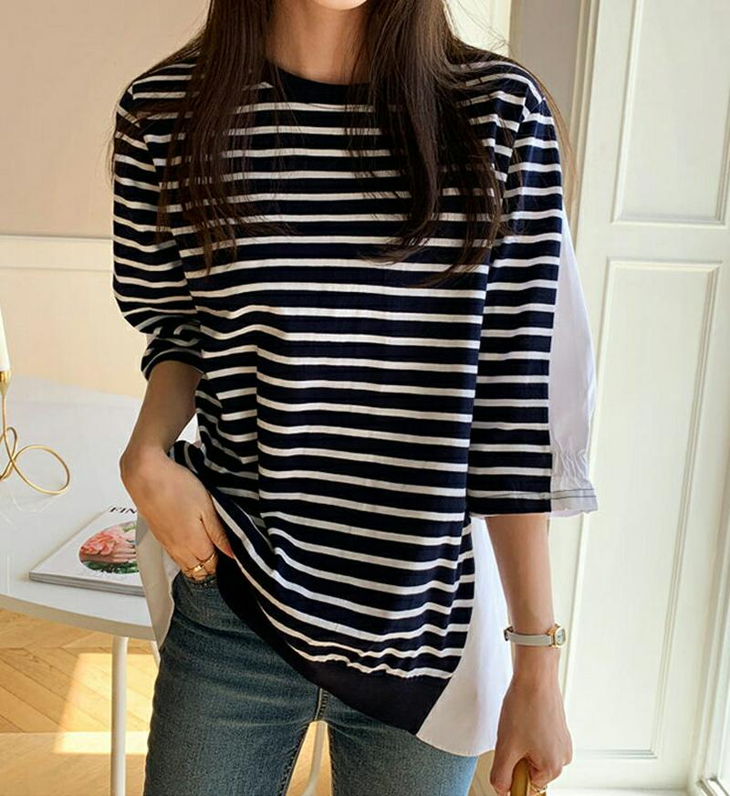ボーダー配色Tシャツ・全2色・b61543 レディース【tops】【トップス Tシャツ ボーダー 柄 ドッキング 異素材ミックス