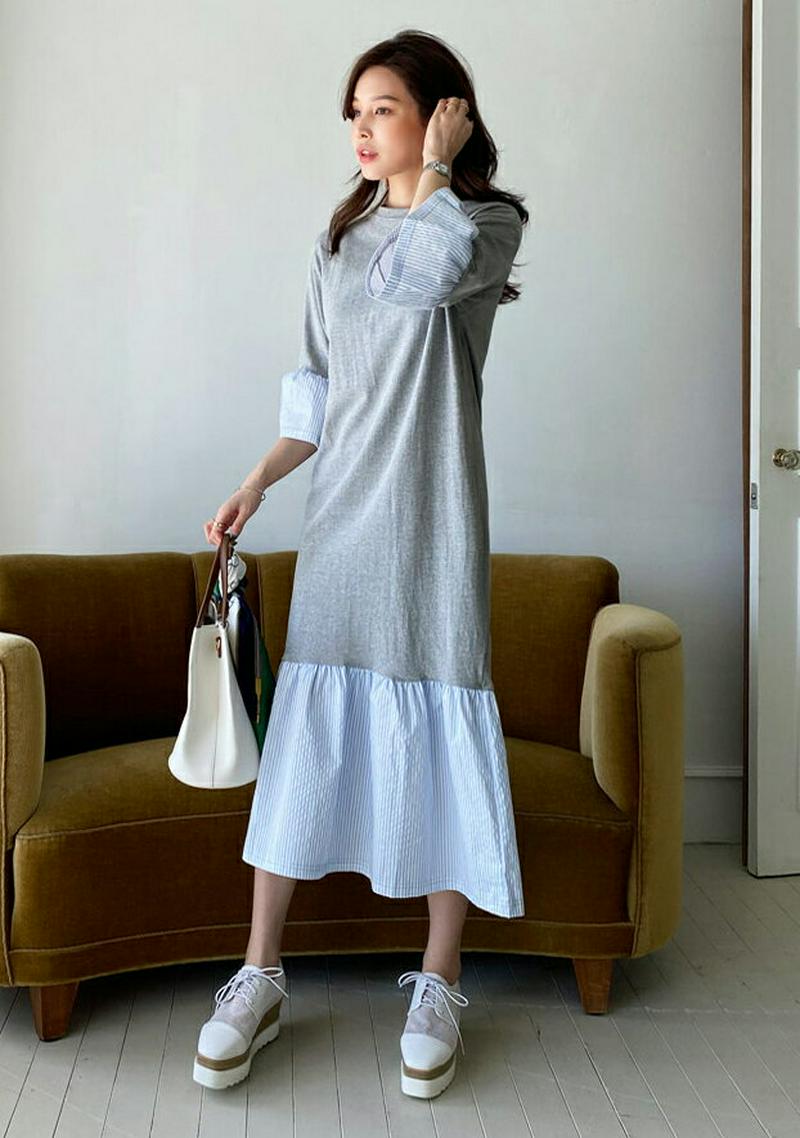 ストライプヘムワンピース・全3色・b61548 レディース【ops】【ワンピース ロング ロングワンピース ストライプ 無地 フ