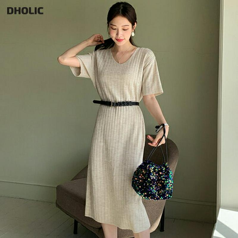 Vネックリブニットワンピース・全3色・b61547 レディース【ops】【ワンピース ミディ丈　ミディワンピース 半袖 ニット 