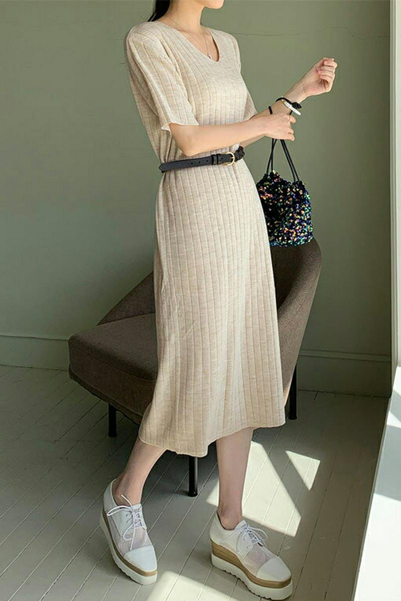 Vネックリブニットワンピース・全3色・b61547 レディース【ops】【ワンピース ミディ丈　ミディワンピース 半袖 ニット 