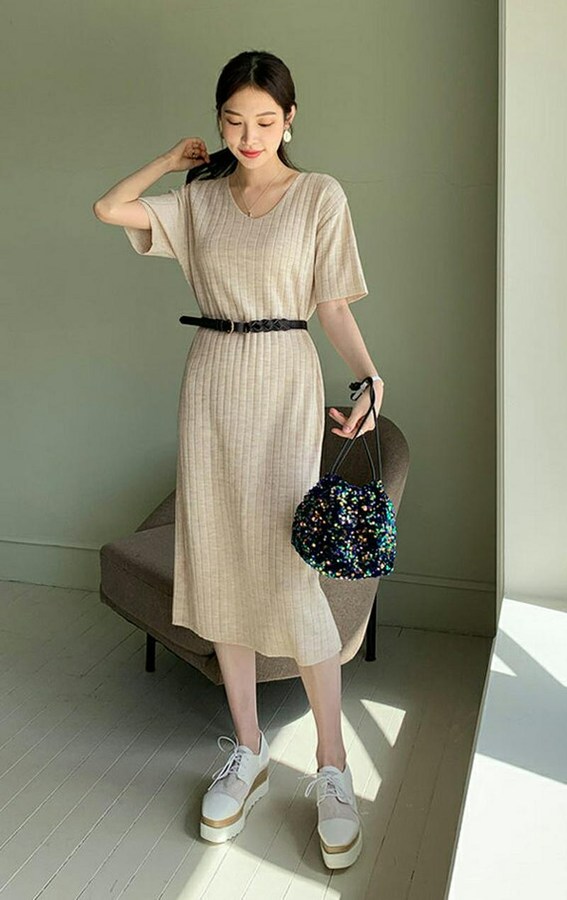 Vネックリブニットワンピース・全3色・b61547 レディース【ops】【ワンピース ミディ丈　ミディワンピース 半袖 ニット 