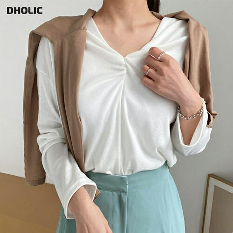 2WAYツイストTシャツ・全3色・t61245 レディース【tops】 韓国ファッション トップス Tシャツ 長袖 ツイスト 2way 単色 無地 シンプル Vネック 前後着用自由 大人 背中V 春 秋 HIHOLLI