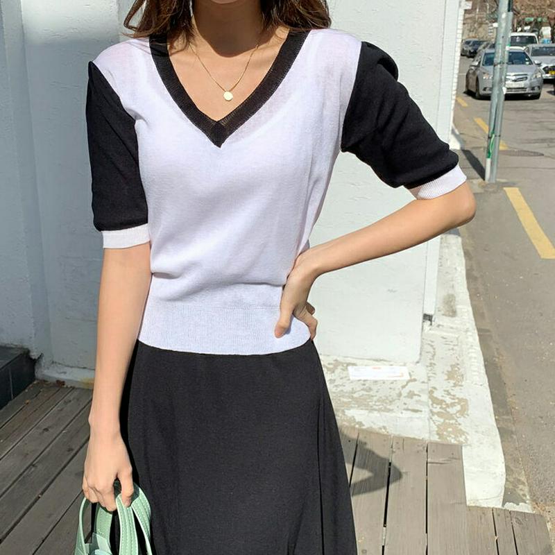 配色Vネックニット・全3色・b55648 レディース 【tops】【トップス ニット 半袖 Vネック 配色 薄手 無地 カジュア