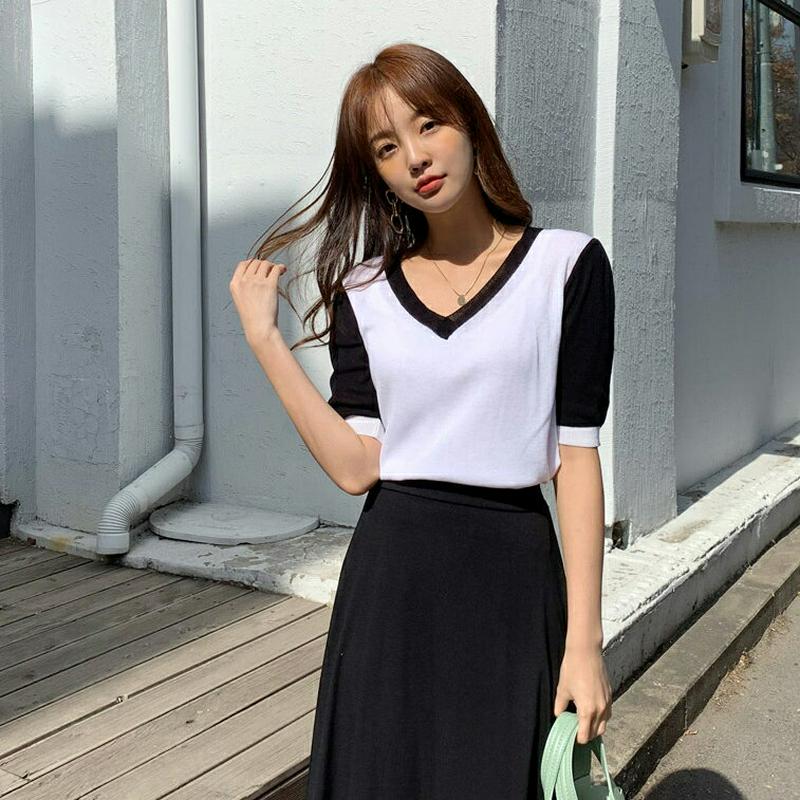 配色Vネックニット・全3色・b55648 レディース 【tops】【トップス ニット 半袖 Vネック 配色 薄手 無地 カジュア