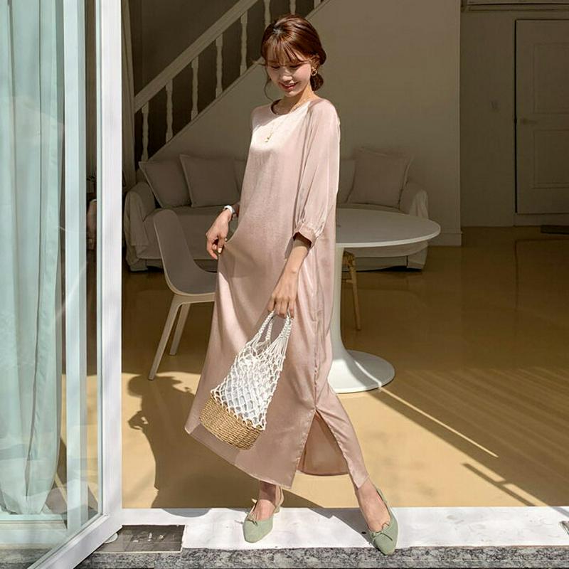 バックリボンサテンワンピース・全3色・b55656 レディース 【ops】【ワンピース ロング ロング丈 スリット ストレート 