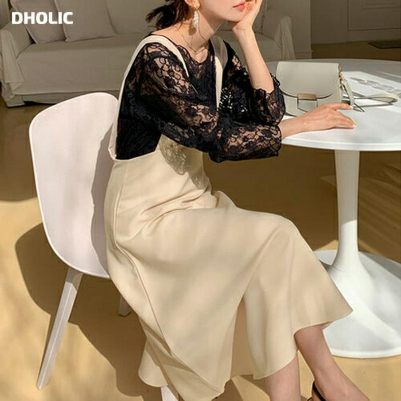 Vネックフレアワンピース・全2色・e55668 レディース 【ops】【韓国 ファッション ワンピース ロング ロング丈 フレア Vネック サロペット 無地 カジュアル きれいめ 大人 夏 秋 春】