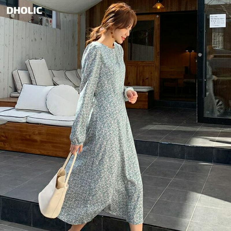 小花柄リボンワンピース・全3色・t55653 レディース 【ops】【ワンピース ロング丈 ロング 長袖 パフスリーブ 花柄 ラ