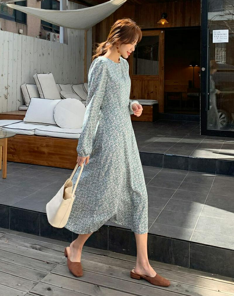 小花柄リボンワンピース・全3色・t55653 レディース 【ops】【ワンピース ロング丈 ロング 長袖 パフスリーブ 花柄 ラ