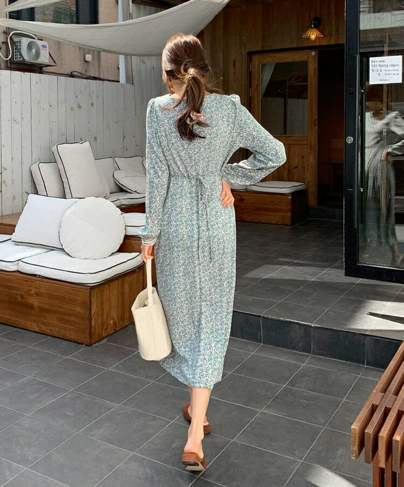 小花柄リボンワンピース・全3色・t55653 レディース 【ops】【ワンピース ロング丈 ロング 長袖 パフスリーブ 花柄 ラ